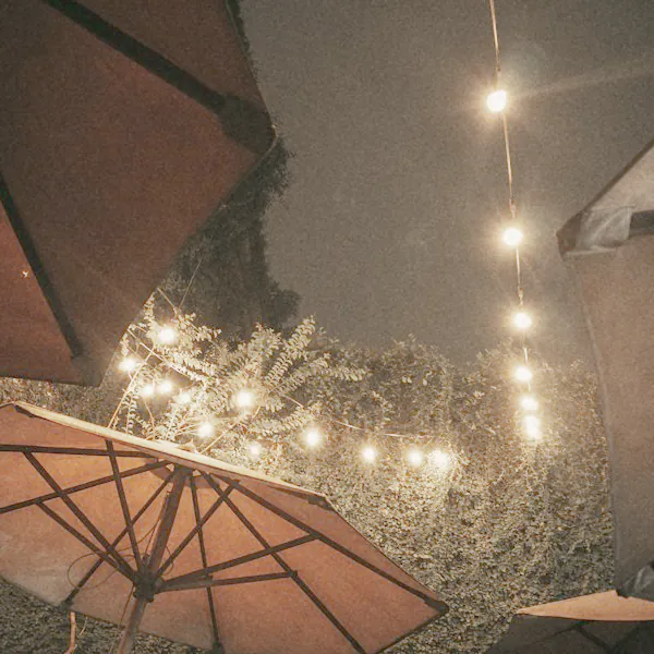 Looking up past the umbrellas at a run of festoon lights