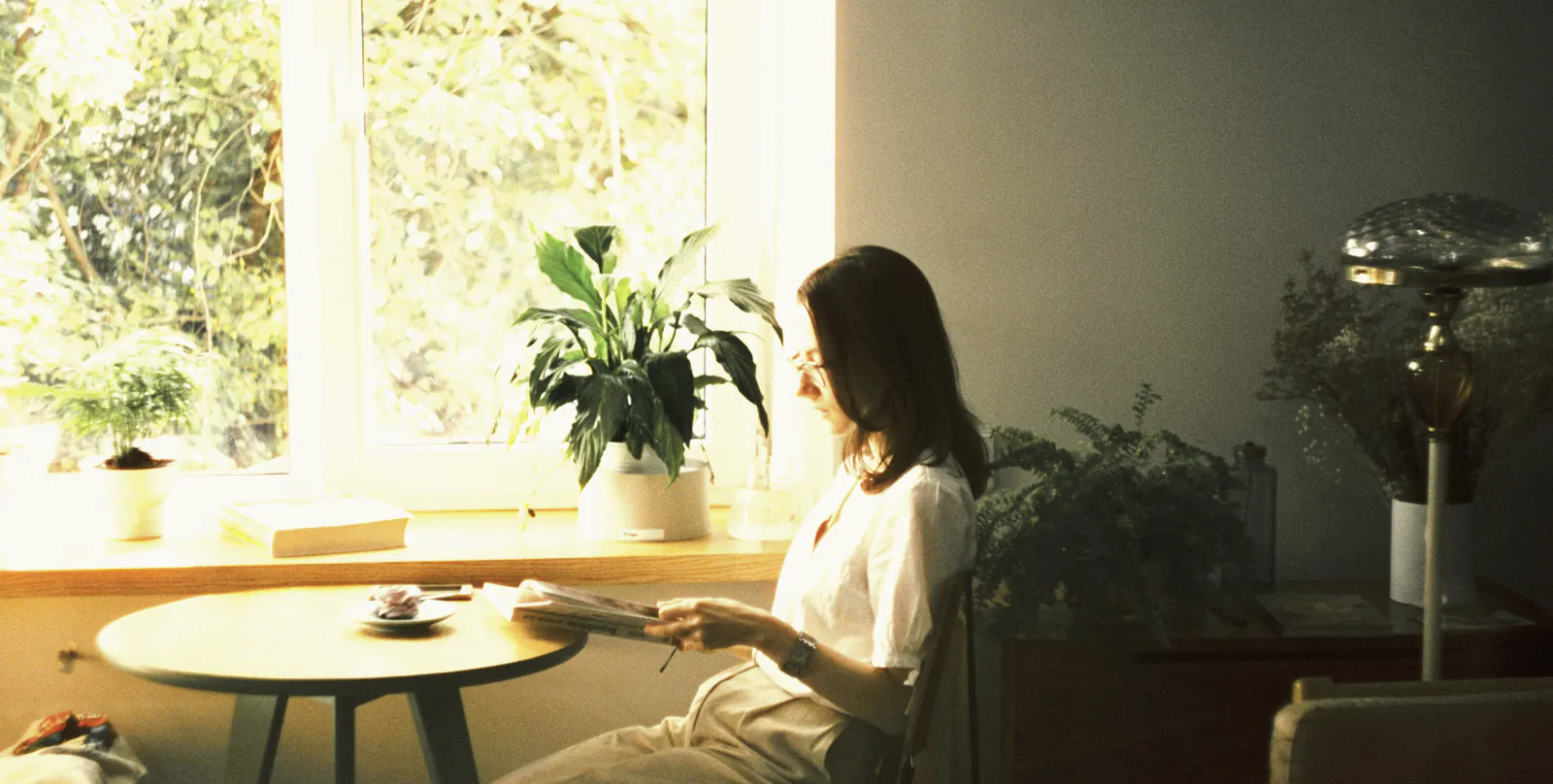 A woman reading at a round table by a sunny window full of plants