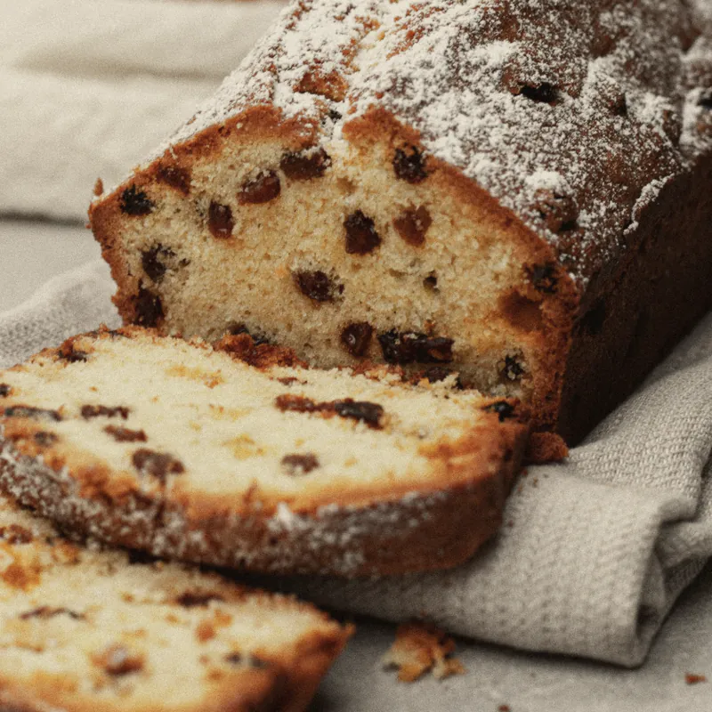 A sliced fruit loaf dusted with sugar on a linen cloth